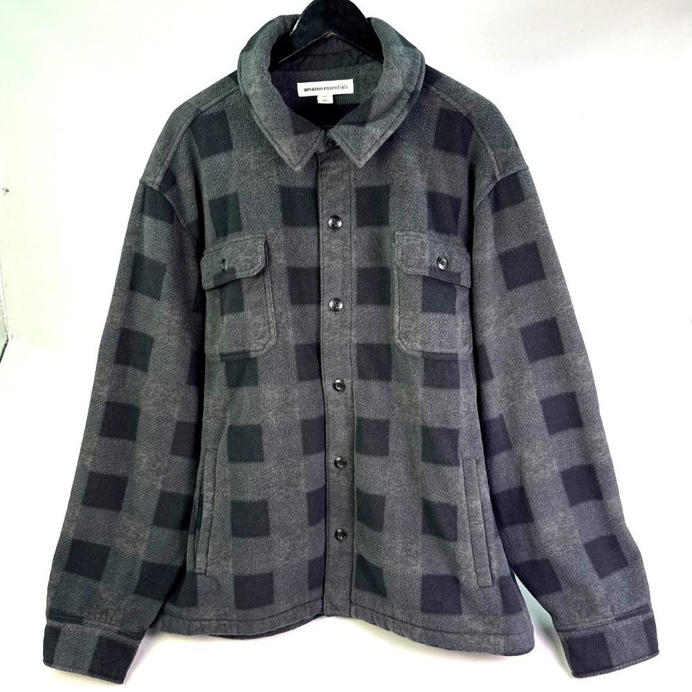 Amazon Essentials Mens XXL Buffalo Plaid Fleece Shirt Jacket Grey Black Check